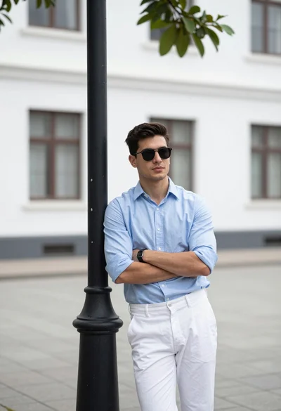 Handsome young man leaning on vintage lamppost near white building outdoors