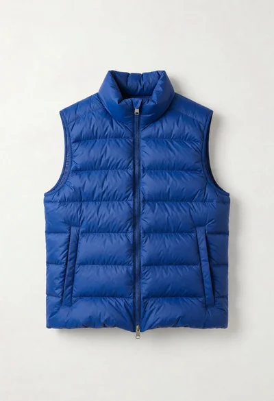 Royal blue puffer vest displayed on a seamless white background for product