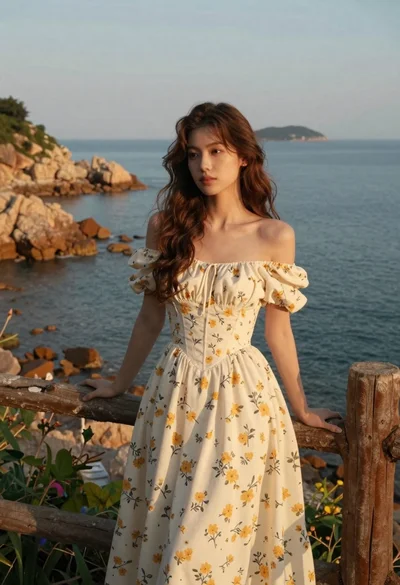 Young woman in cream floral dress leaning on coastal cliff railing