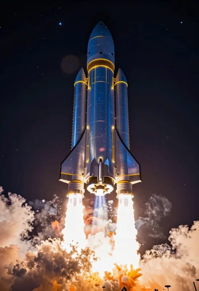 Massive blue futuristic rocket launching into deep outer space from below