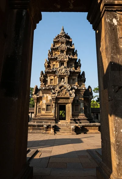 Majestic ancient stone temple viewed through gateway under clear blue sky