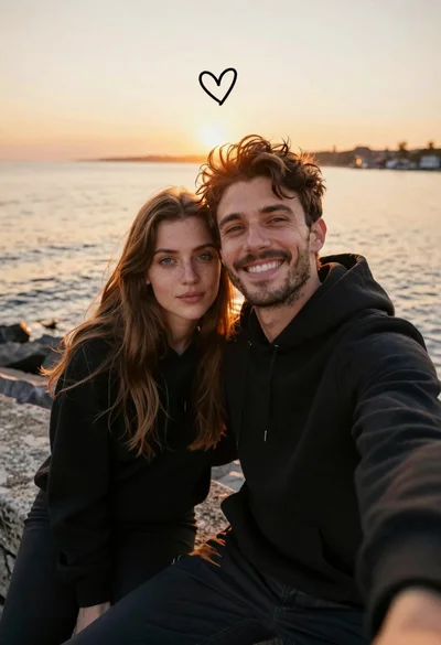 Young couple in black hoodies taking selfie on stone pier at sunset