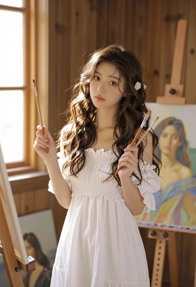 Young woman with brown hair in white dress holding brushes in sunlit