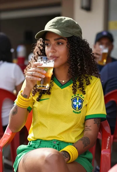 Young woman with curly dark hair holding beer outdoors at natural sunlight