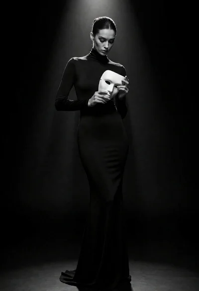 Full body portrait of woman holding white mask in dark void spotlight