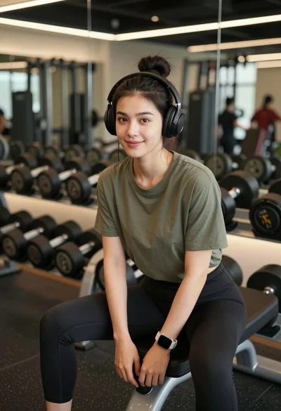Young woman in olive shirt sitting among dumbbells in modern gym setting