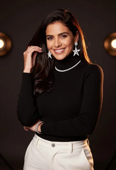 Smiling woman with dark hair wearing black turtleneck against bokeh background