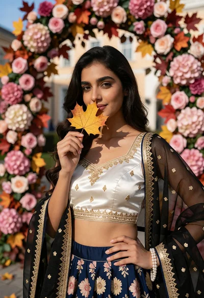 Woman in traditional attire by pink rose archway holding golden maple leaf