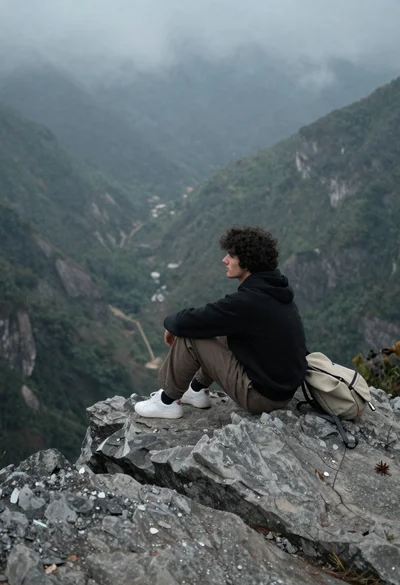 Young man sitting contemplatively on rocky cliff overlooking misty mountains