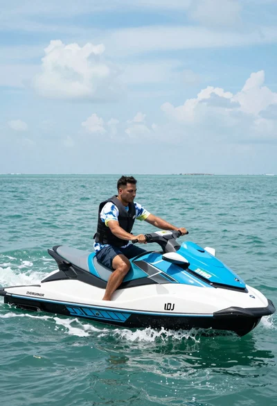 Man riding blue and white jet ski across turquoise ocean water at