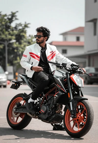 Man on black motorcycle in urban setting under bright daylight