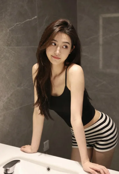 Young woman leaning on white sink in modern bathroom setting