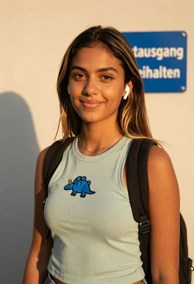 Young woman in green tank top against wall with golden hour light