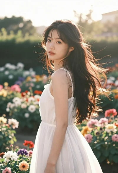 Young woman in white dress looking over shoulder in sunlit flower garden