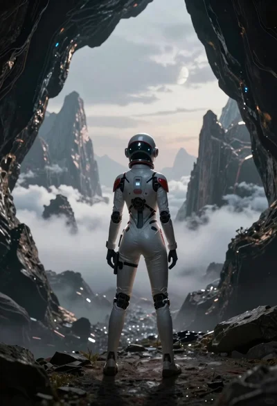 Astronaut in white suit at cave entrance to alien world