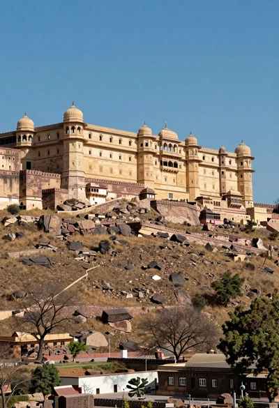 Majestic sandstone fortress complex atop a rugged arid hill under blue sky