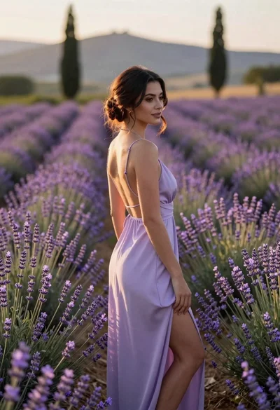 Young woman in pale lilac slip dress standing in lavender field at