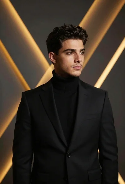 Man in black suit against abstract geometric backdrop