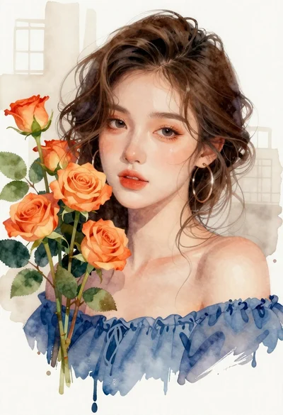 Portrait of woman with roses against beige architecture