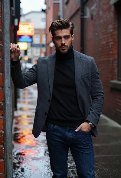 Handsome man in blazer standing in rainy urban alleyway