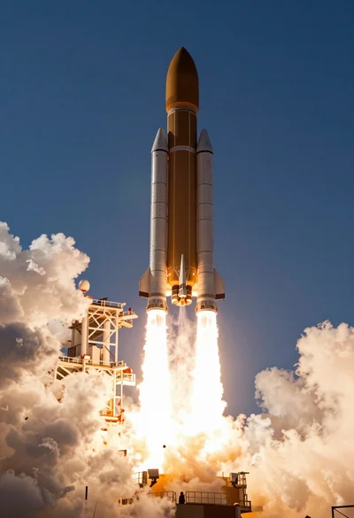 Massive white rocket launching vertically against a deep blue sky backdrop