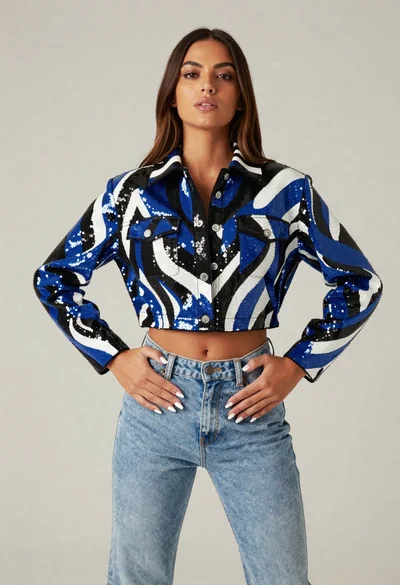 Young woman in sequined jacket and denim jeans posing in studio