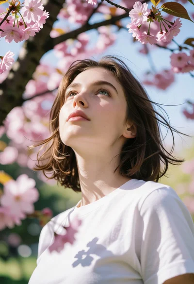 Low angle portrait of young woman under cherry blossoms with dappled light