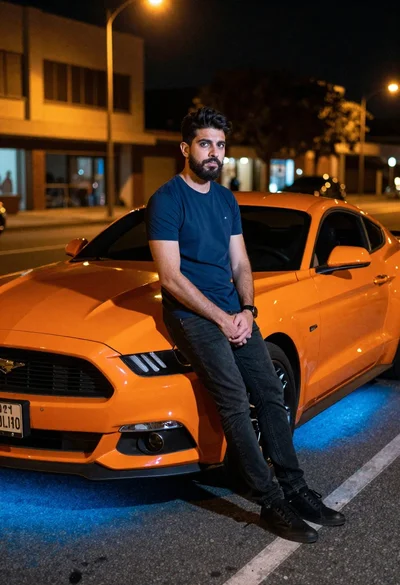 Man leaning on orange mustang at night city street