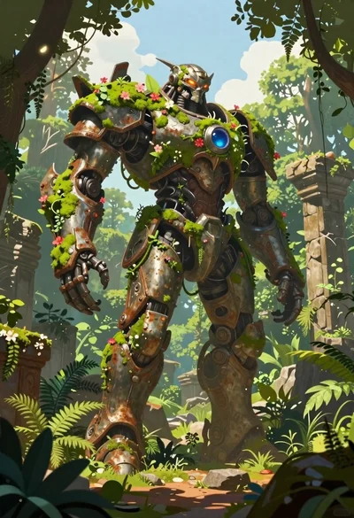 Biomechanical guardian in overgrown ancient ruins