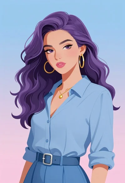 Anime illustration of woman with purple hair in blue dress against gradient