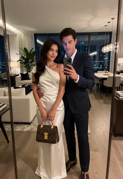 Stylish couple taking a mirror selfie in luxury apartment overlooking city lights