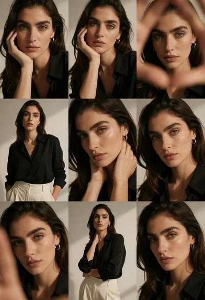 Collage of nine high fashion portraits featuring woman with dark hair