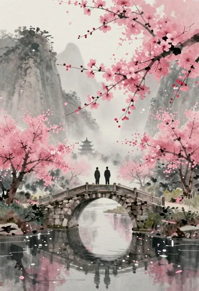 Misty asian landscape with bridge and cherry blossoms