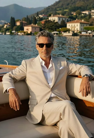 Middle aged man in beige suit on wooden boat