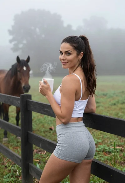 Fit woman leaning on fence in misty pasture with horse nearby