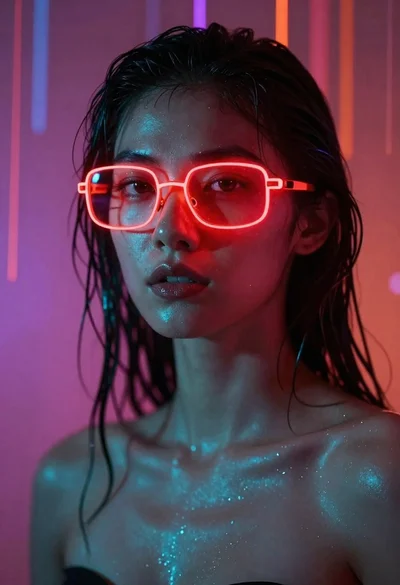 Close up portrait of woman with neon glasses