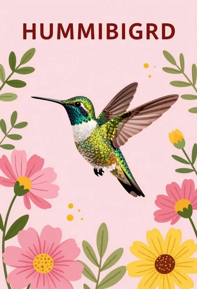 Vibrant hummingbird flying among blooming flowers illustration