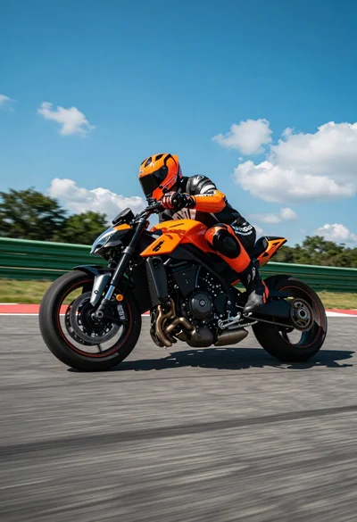 Low angle shot of motorcyclist leaning into a sharp turn on asphalt