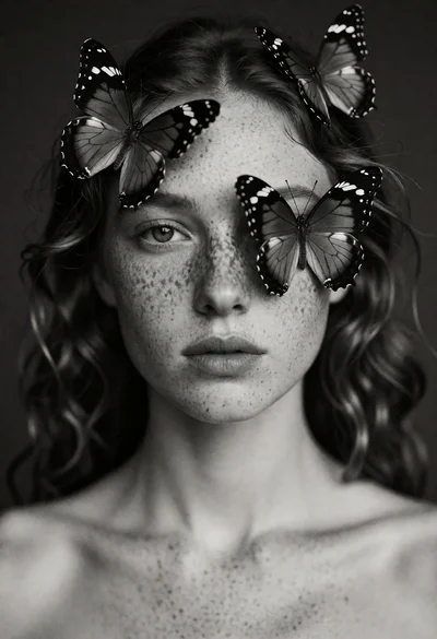 Black and white portrait of young woman with butterflies on her head