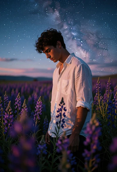 Young man in white shirt among purple wildflowers under starry twilight sky