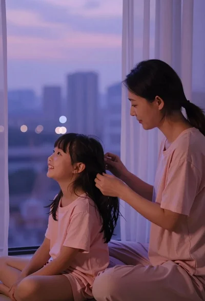 Mother gently grooming daughters hair by window overlooking city at dusk