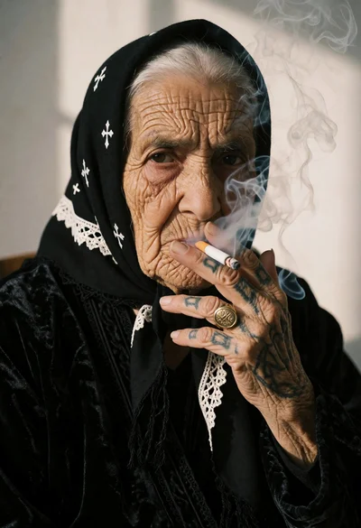 Close up portrait of elderly woman smoking against plain wall backdrop