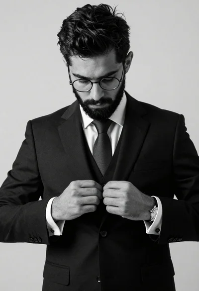 Black and white studio portrait of man adjusting suit jacket buttons