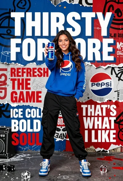 Young woman in blue hoodie holding pepsi against graffiti street art background