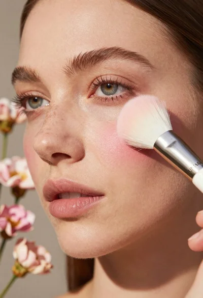 Close up portrait of woman applying blush with makeup brush