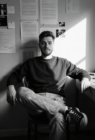 Young man with short dark hair and beard sits on wooden chair