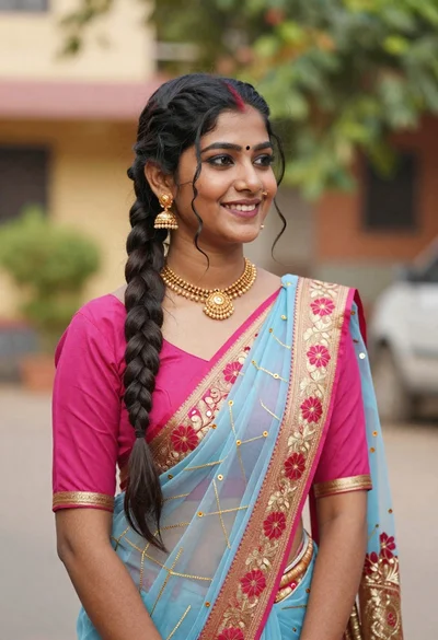 Young woman in pink blouse and blue sari outdoors with braided hair