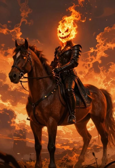 Fiery rider on horseback against apocalyptic sky