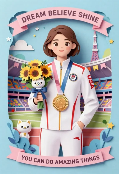 Young female athlete in white tracksuit holding sunflowers and gold medal