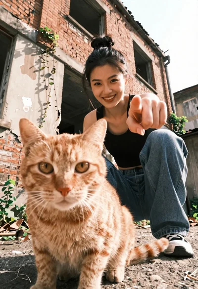 Young woman crouching behind large ginger cat in abandoned building